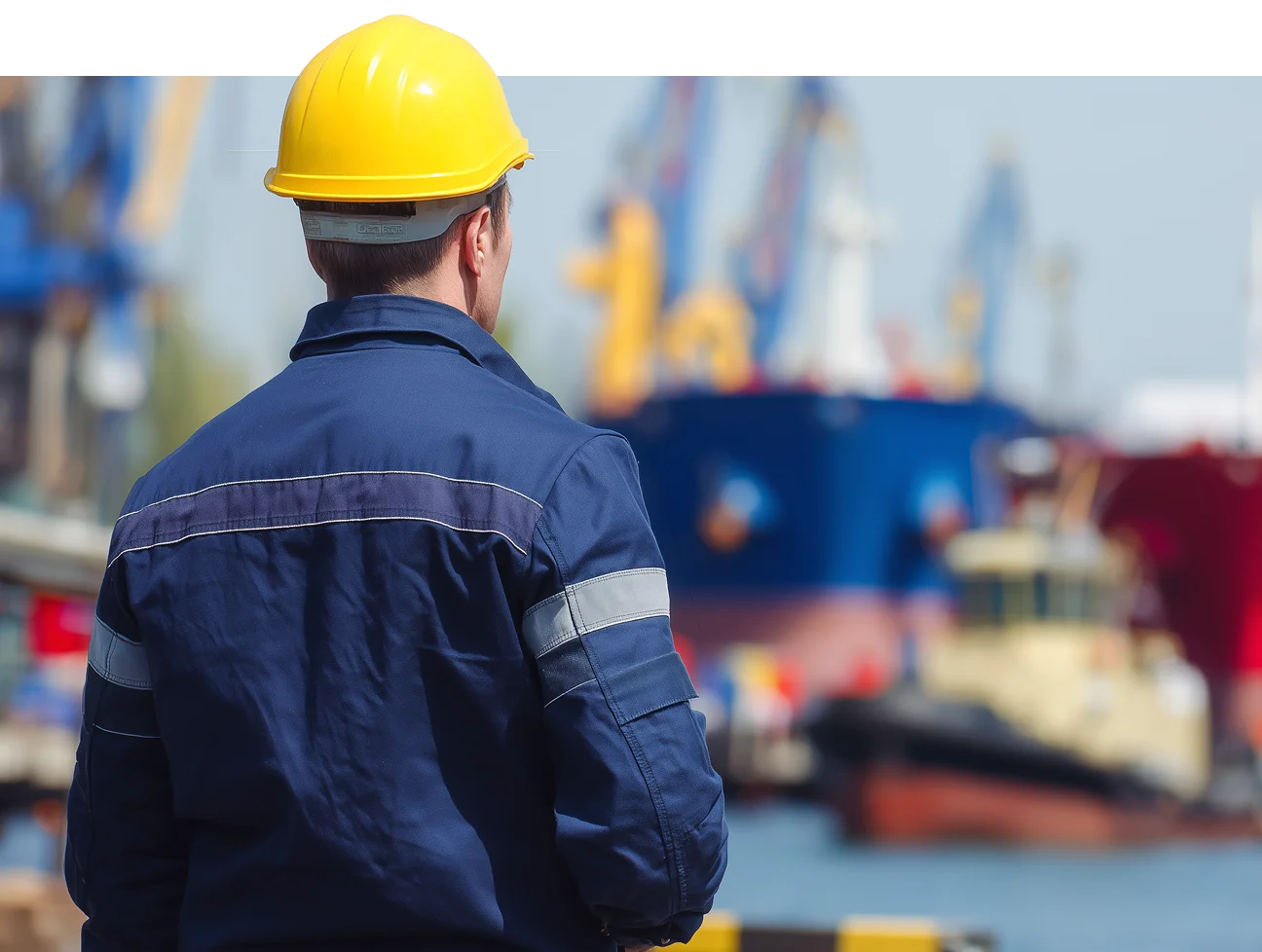 Worker in blue uniform and yellow hard hat looking at ships in a harbor