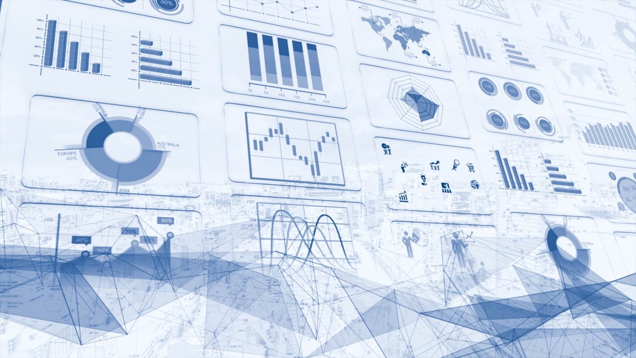 Multiple transparent data charts and graphs with a blue digital network overlay
